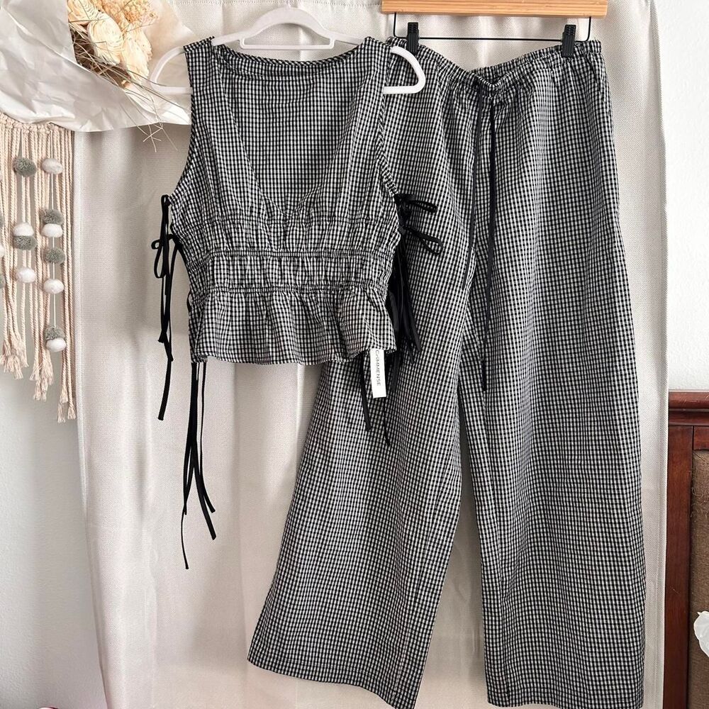 Commense Black White Gingham Plaid Two Piece Set wide leg Large lace up